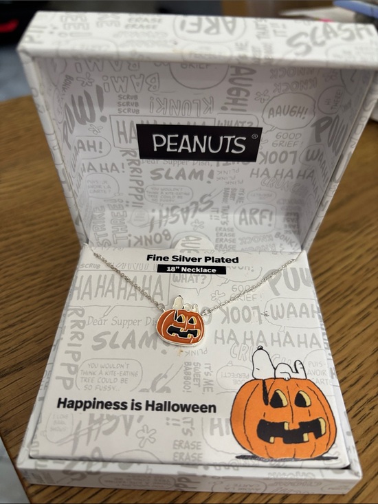 Peanuts Jewelry - Peanuts  Orange Pumpkin Jack-O'-Lantern with Snoopy Necklace - Fine Silver Plate